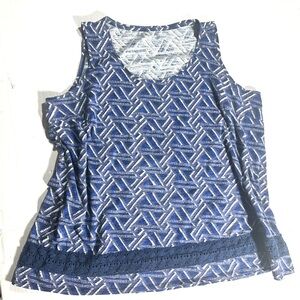Blue & White Crochet Trim Tank Top Plus Sz 2X Geometric Boho Design Cotton Blend